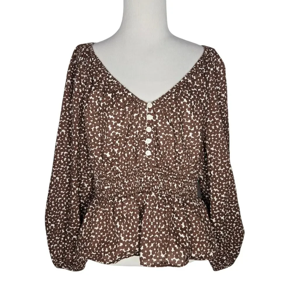 J Crew Womens Cottage Smocked Waist Top Mocha Brown Floral Boho Peplum Medium